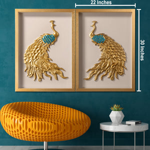 Royal Golden Peacock Shadow Box for Wall Decoration - Set of 2