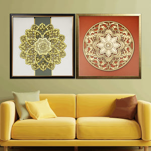 Sunlit Blossom Circle and Gilded Garden of Dreams Wooden Carving Wall Decoration Shadow Box - Pair