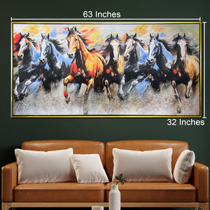 Seven Horses Radiant Run 100% Hand Painted Wall Painting (With outer Floater Frame) - (Big)