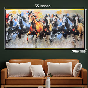 Seven Horses Radiant Run 100% Hand Painted Wall Painting (With outer Floater Frame) - (Medium)