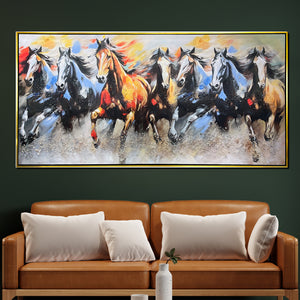 Seven Horses Radiant Run 100% Hand Painted Wall Painting (With outer Floater Frame) - (Medium)