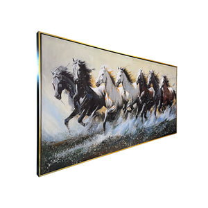 Seven Horses Run Wild 100% Hand Painted Wall Painting(With outer Floater Frame) - Big