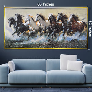 Seven Horses Run Wild 100% Hand Painted Wall Painting(With outer Floater Frame) - Big