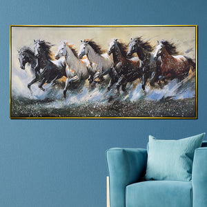 Seven Horses Run Wild 100% Hand Painted Wall Painting(With outer Floater Frame) - Medium