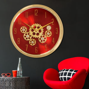 The Moving Hour Luxury Designer Wall Clock With Moving Gear Mechanism - RED