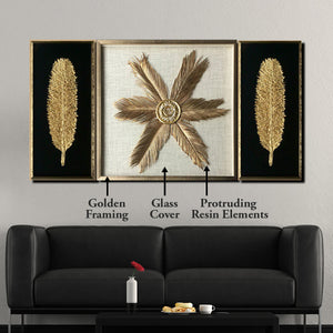 Enchanted Seas & The Golden Glittered Feather Shadow Box Wall Decoration Piece - Set of 2