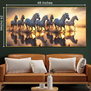 Seven White Running Horses at Sunset Canvas Print