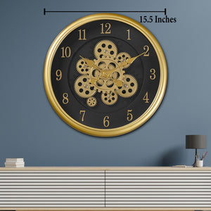 Time Sync Designer Luxury Wall Clock With Moving Gear Mechanism - Gold