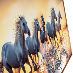 Seven White Running Horses at Sunrise Crystal Glass Painting