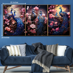 Harmonious Peacock Symphony Canvas Print - Set Of 3