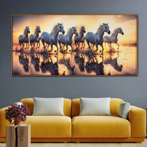 Seven White Running Horses at Sunrise Crystal Glass Painting