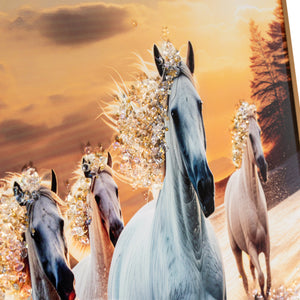 Sunrise Serenade of Seven White Running Horses Crystal Glass Painting