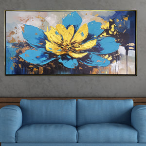 Golden Lotus Bloom 100% Hand Painted Wall Painting(With outer Floater Frame)