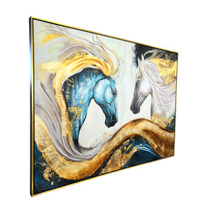 Golden Horse Frontier 100% Hand Painted Wall Painting(With outer Floater Frame)