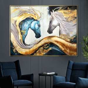 Golden Horse Frontier 100% Hand Painted Wall Painting(With outer Floater Frame)