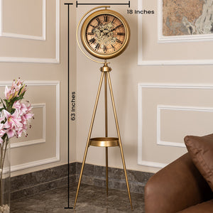 Phantom Dial Tripod Base Luxury Designer Floor Clock With Moving Gear Mechanism - Gold  (Steel Body)