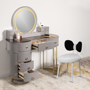 Moonlit Elegance Dressing Table & Vanity Set With Mirror & Poof Chair (N)