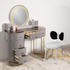 Moonlit Elegance Dressing Table & Vanity Set With Mirror & Poof Chair (N)