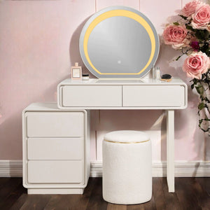 Pure Precision Dressing Table & Vanity Set With Mirror & Poof Chair (White)