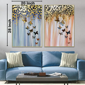 Shimmering Butterflies Hand Painted Wall Painting - Set of 2 (With Outer Floater Frame)