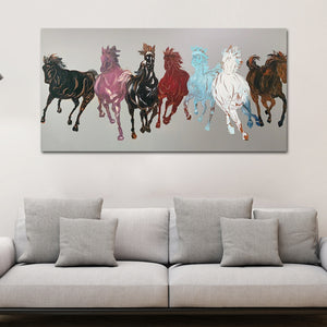 Seven Running Horses Silver Canvas 100% Hand Painted Wall Painting